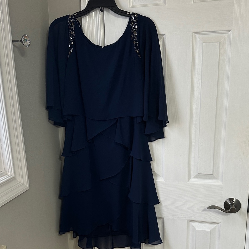 SLNY Elegant Navy Blue Layered Dress